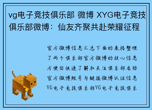 vg电子竞技俱乐部 微博 XYG电子竞技俱乐部微博：仙友齐聚共赴荣耀征程 